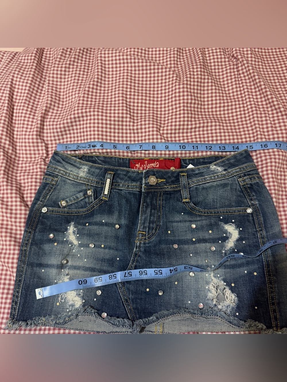 Distressed Dark Blue Denim Mini Skirt with Stud Embellishments - Picture 5 of 7